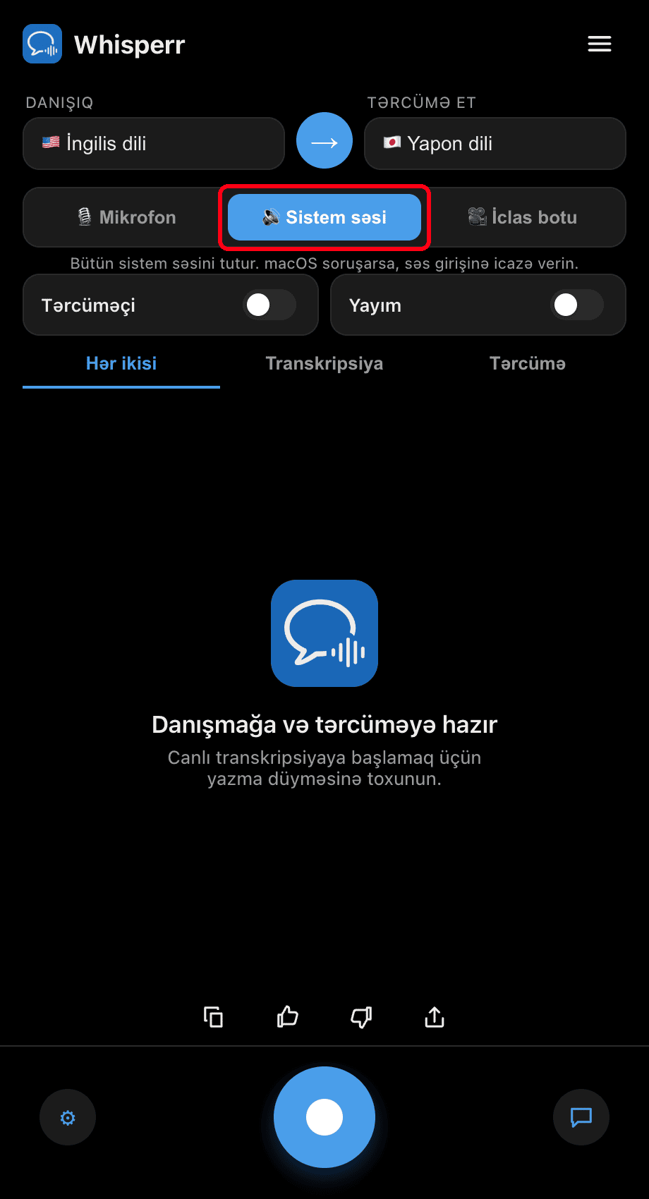 Whisperr desktop app with the System audio source selected