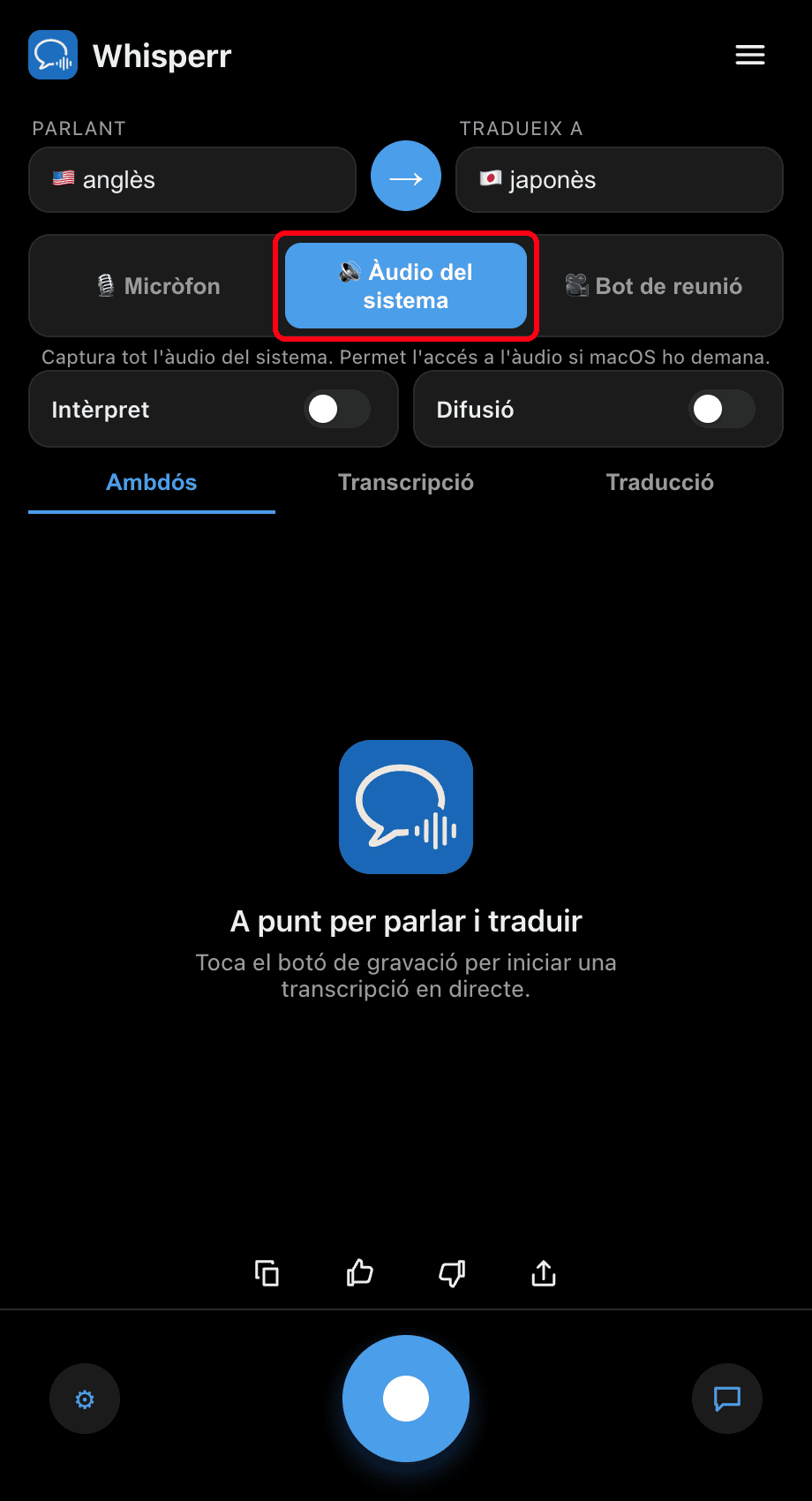 Whisperr desktop app with the System audio source selected