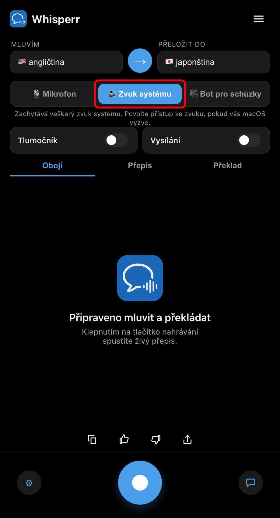 Whisperr desktop app with the System audio source selected