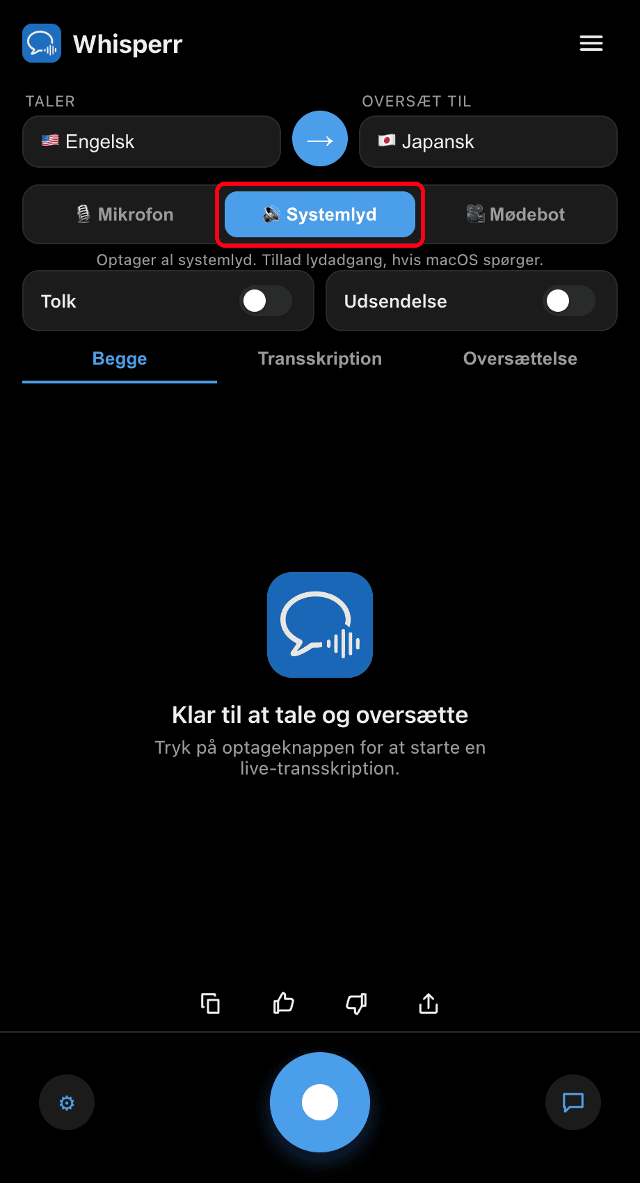 Whisperr desktop app with the System audio source selected