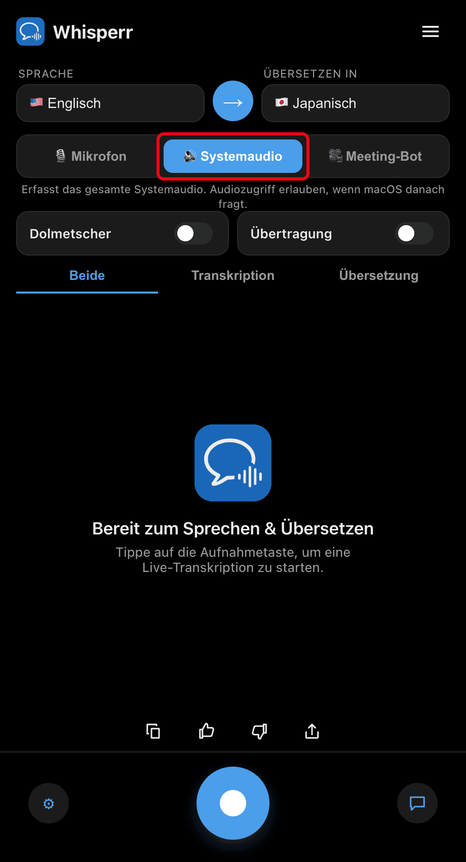 Whisperr desktop app with the System audio source selected