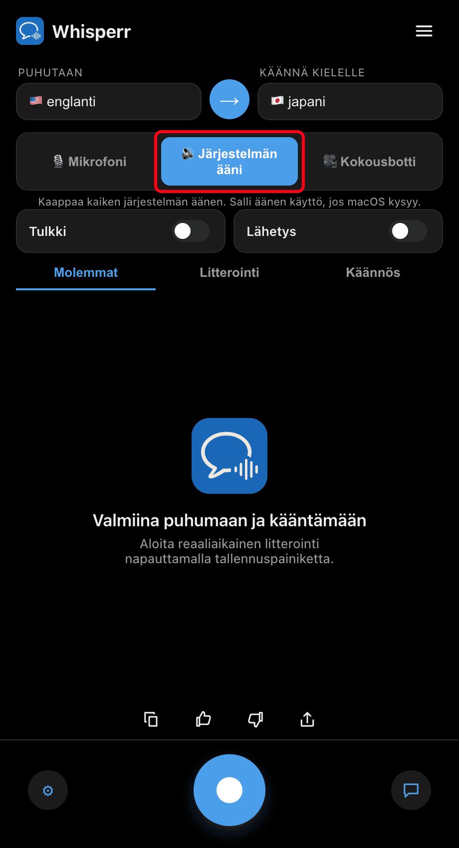 Whisperr desktop app with the System audio source selected