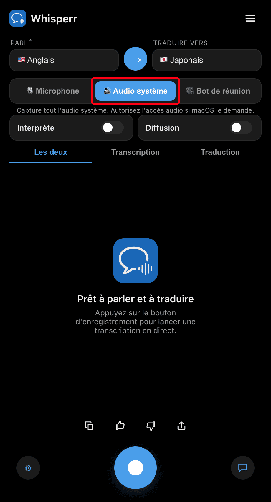 Whisperr desktop app with the System audio source selected