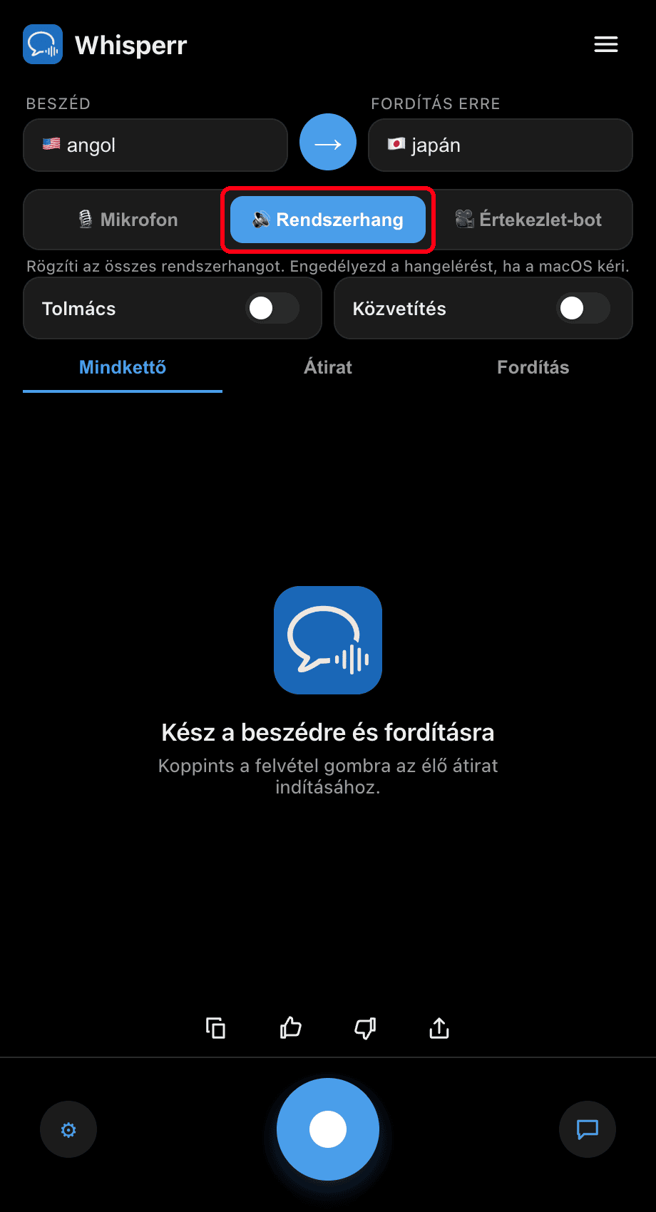 Whisperr desktop app with the System audio source selected