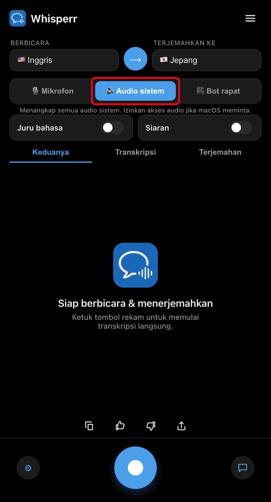 Whisperr desktop app with the System audio source selected