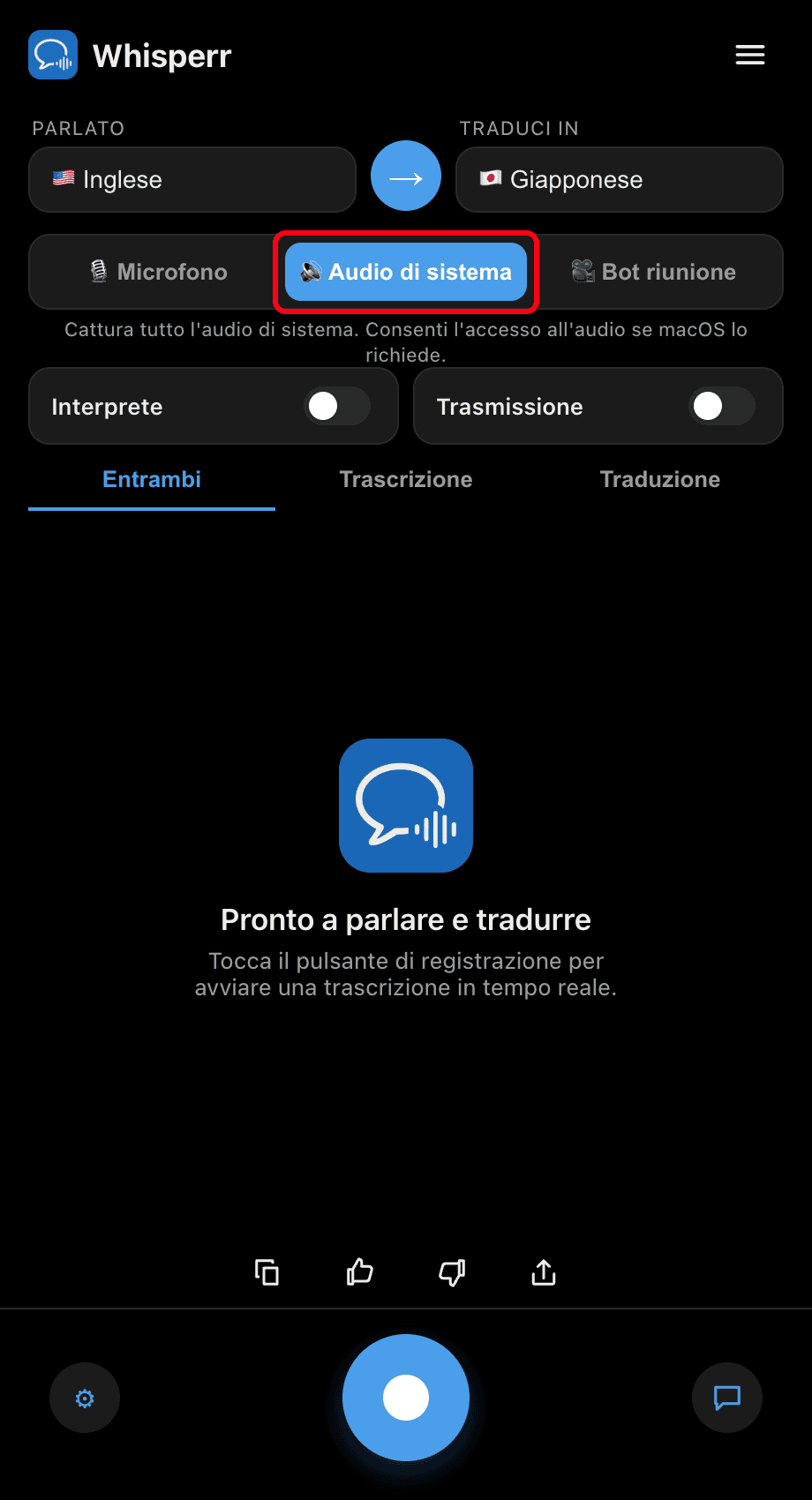Whisperr desktop app with the System audio source selected