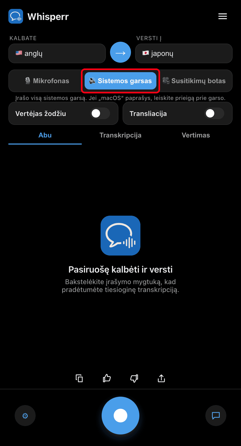 Whisperr desktop app with the System audio source selected