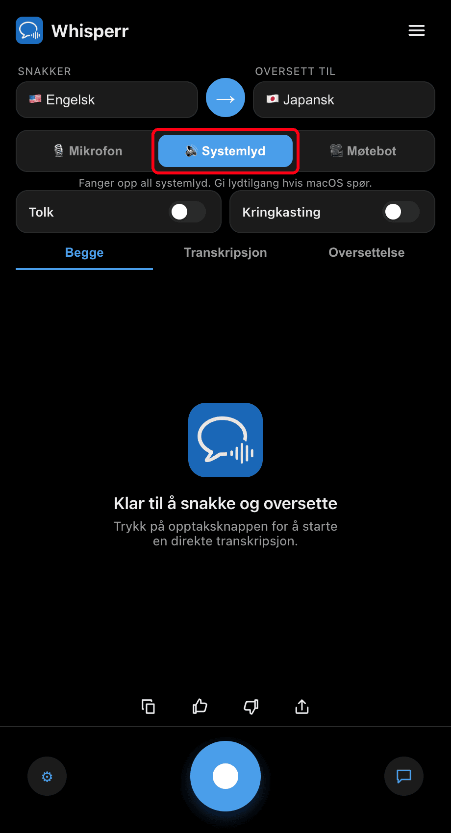 Whisperr desktop app with the System audio source selected