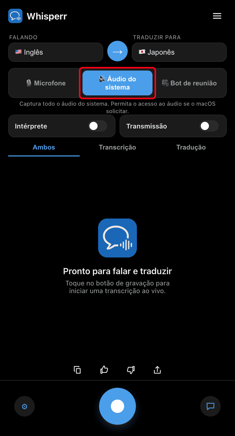 Whisperr desktop app with the System audio source selected