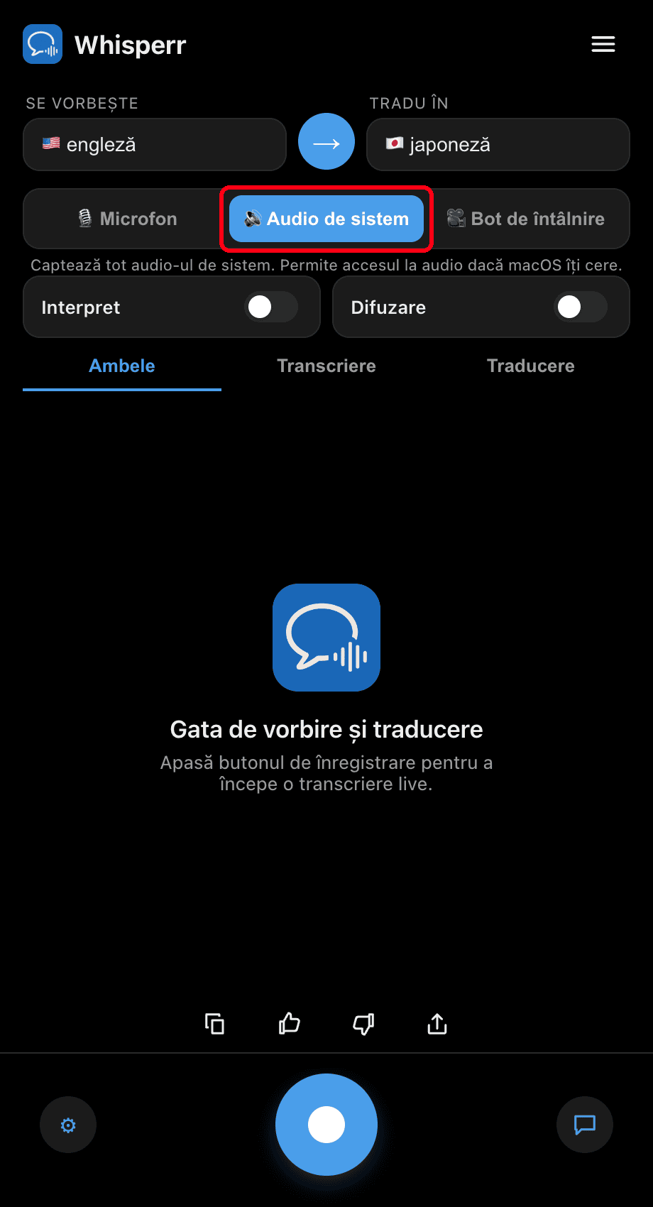 Whisperr desktop app with the System audio source selected
