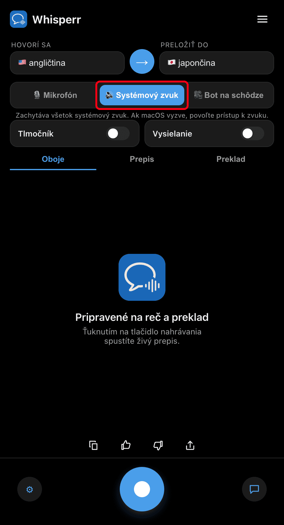 Whisperr desktop app with the System audio source selected