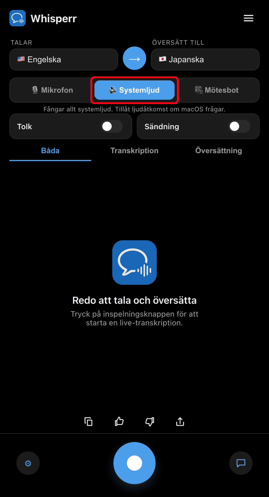 Whisperr desktop app with the System audio source selected