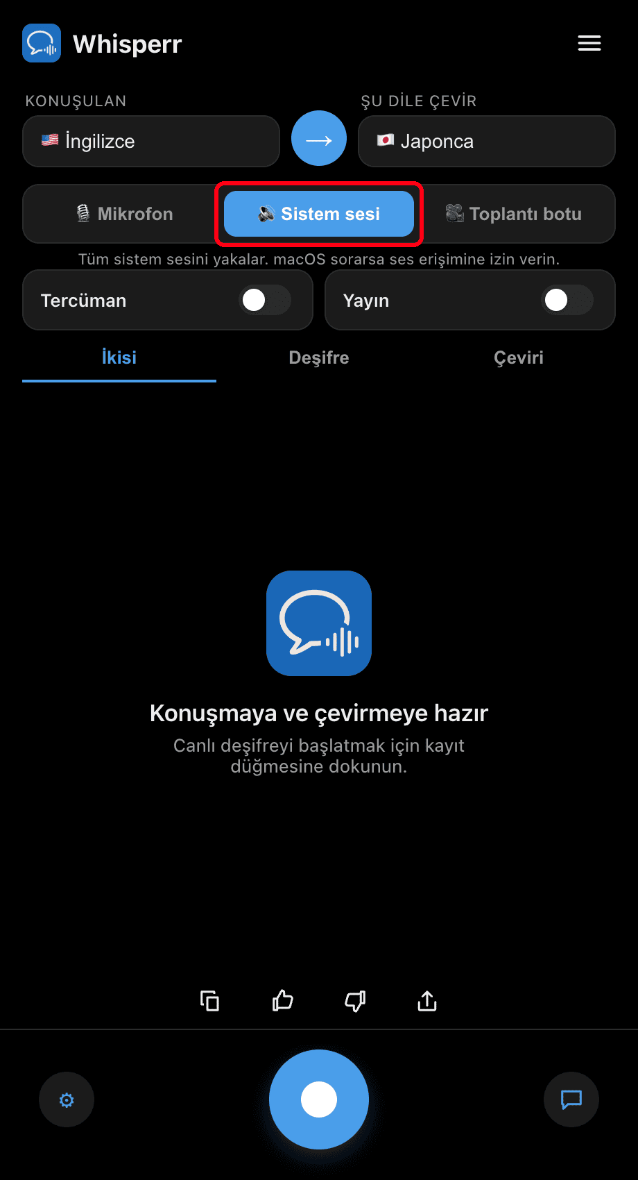 Whisperr desktop app with the System audio source selected
