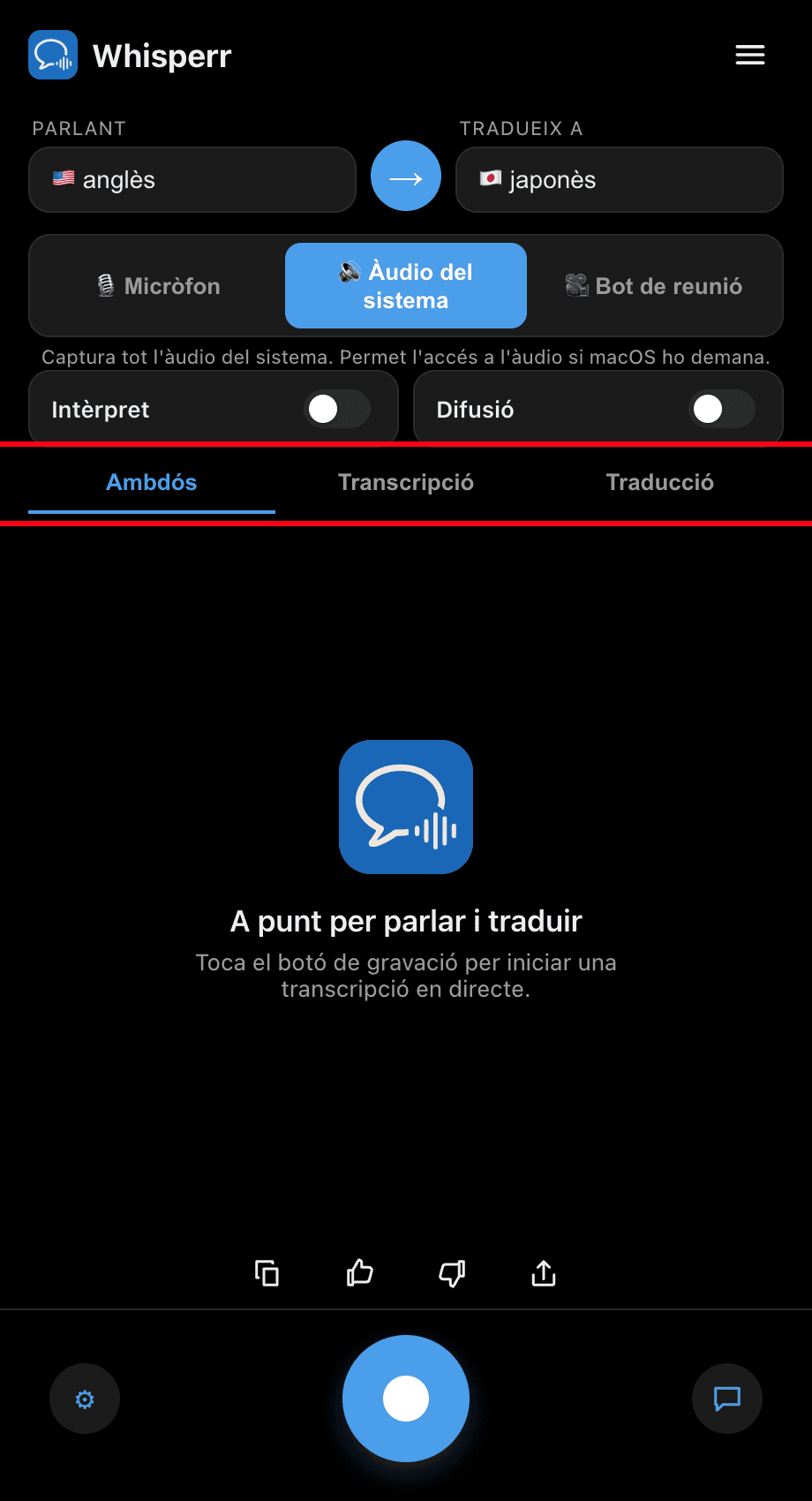 Choosing Both, Transcription, or Translation in the Whisperr desktop app