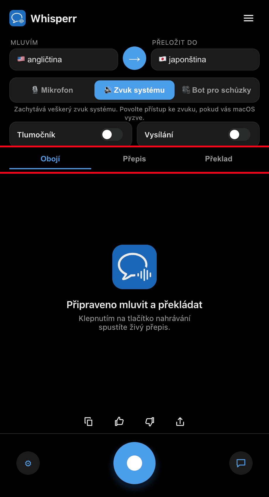 Choosing Both, Transcription, or Translation in the Whisperr desktop app