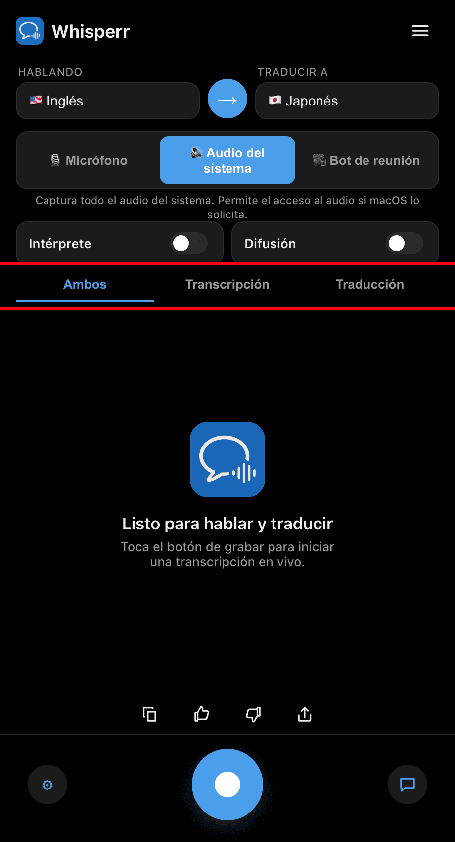 Choosing Both, Transcription, or Translation in the Whisperr desktop app
