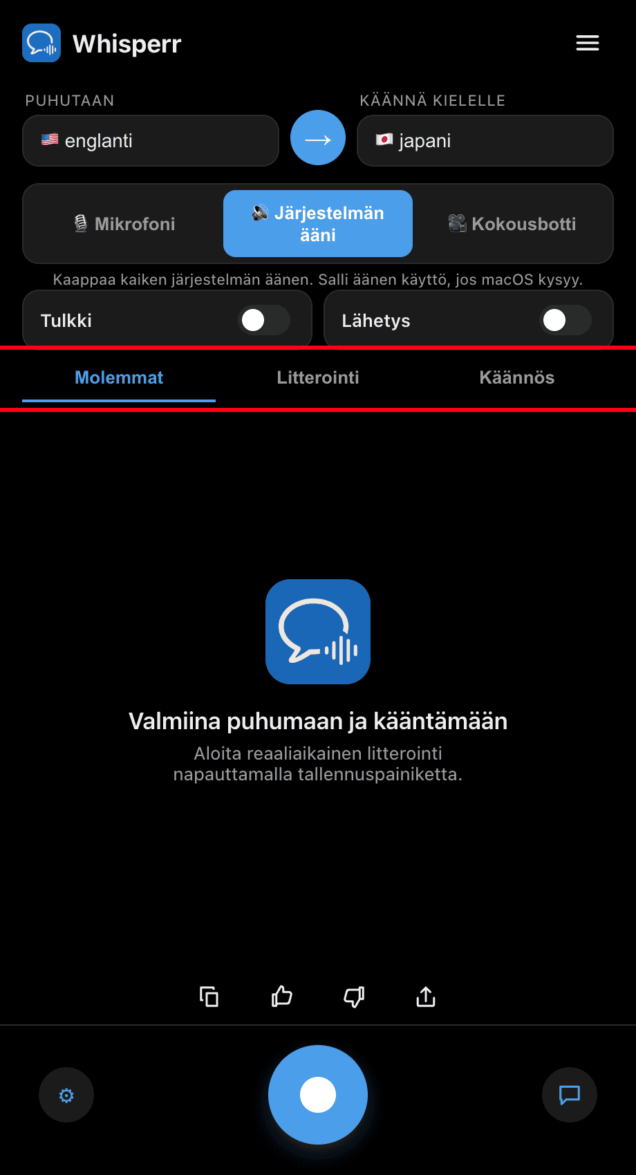Choosing Both, Transcription, or Translation in the Whisperr desktop app