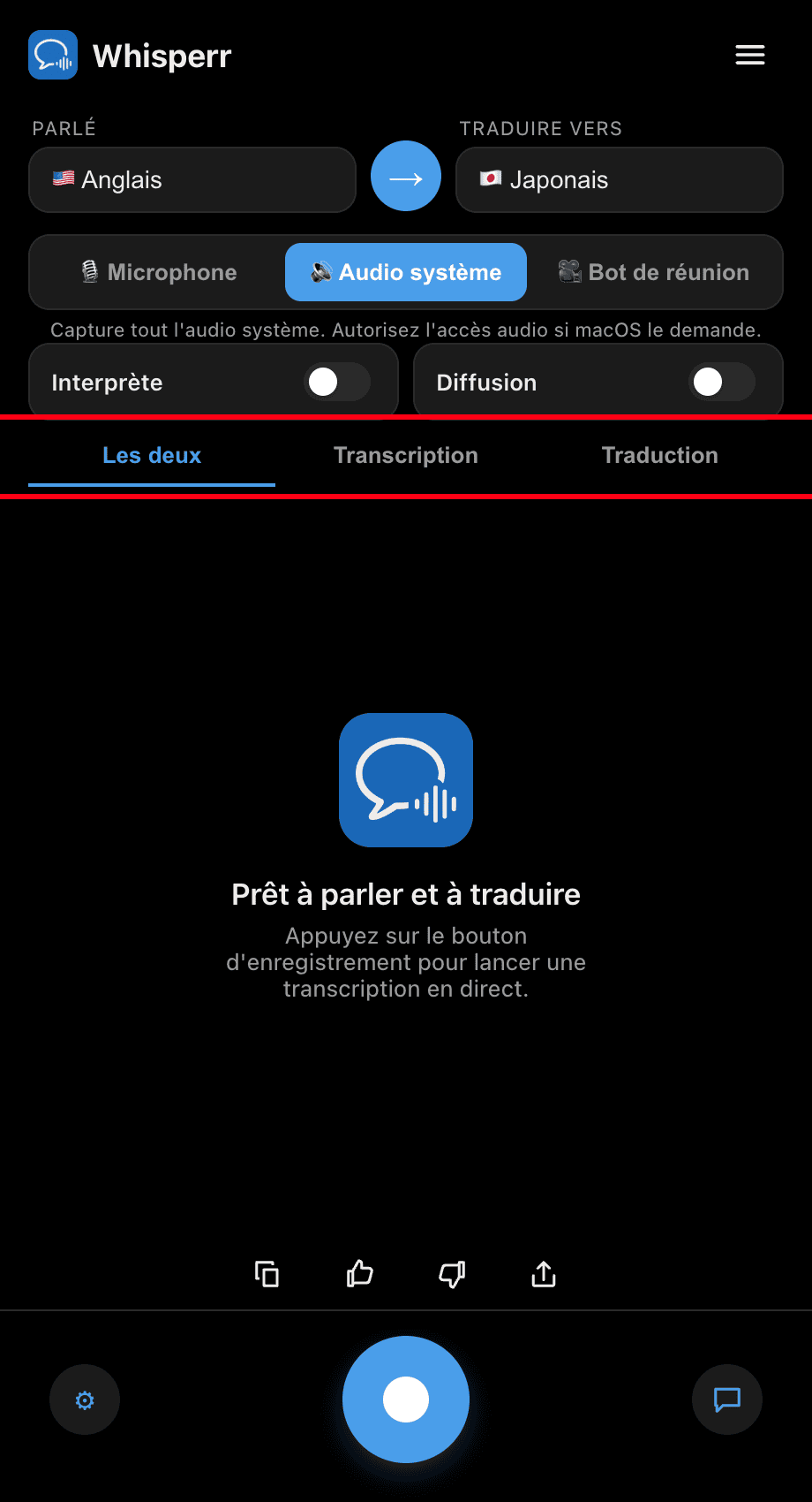 Choosing Both, Transcription, or Translation in the Whisperr desktop app