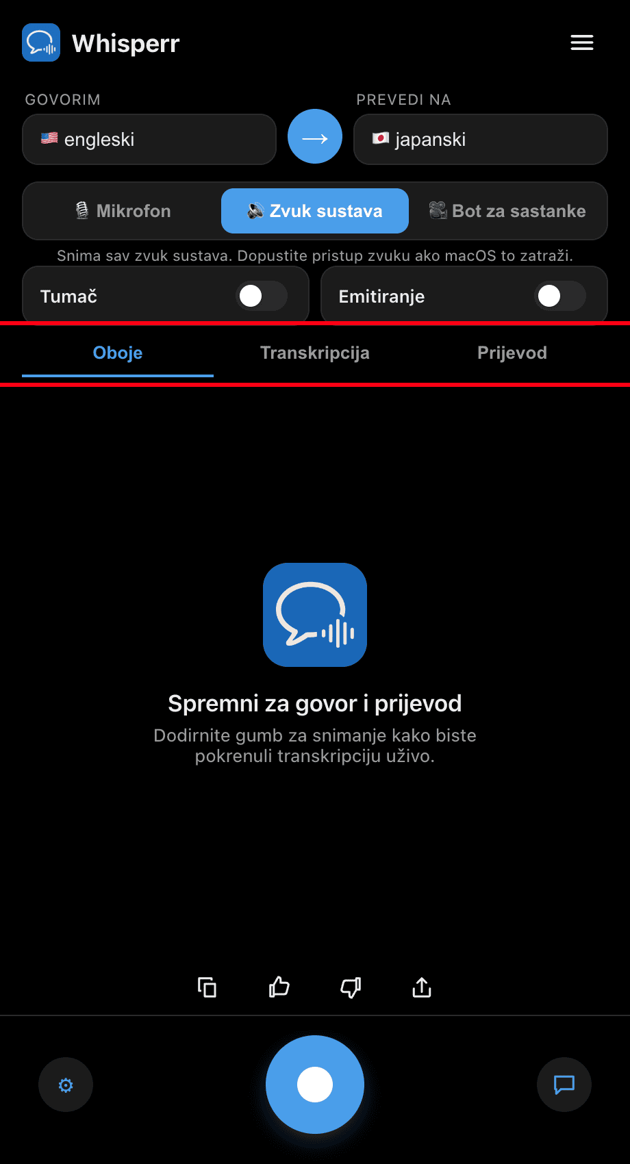 Choosing Both, Transcription, or Translation in the Whisperr desktop app