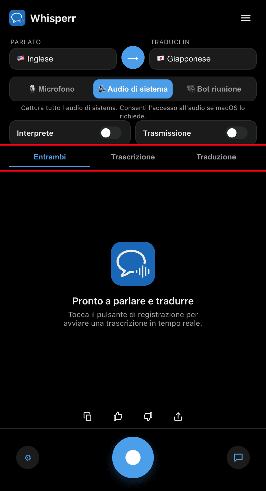 Choosing Both, Transcription, or Translation in the Whisperr desktop app