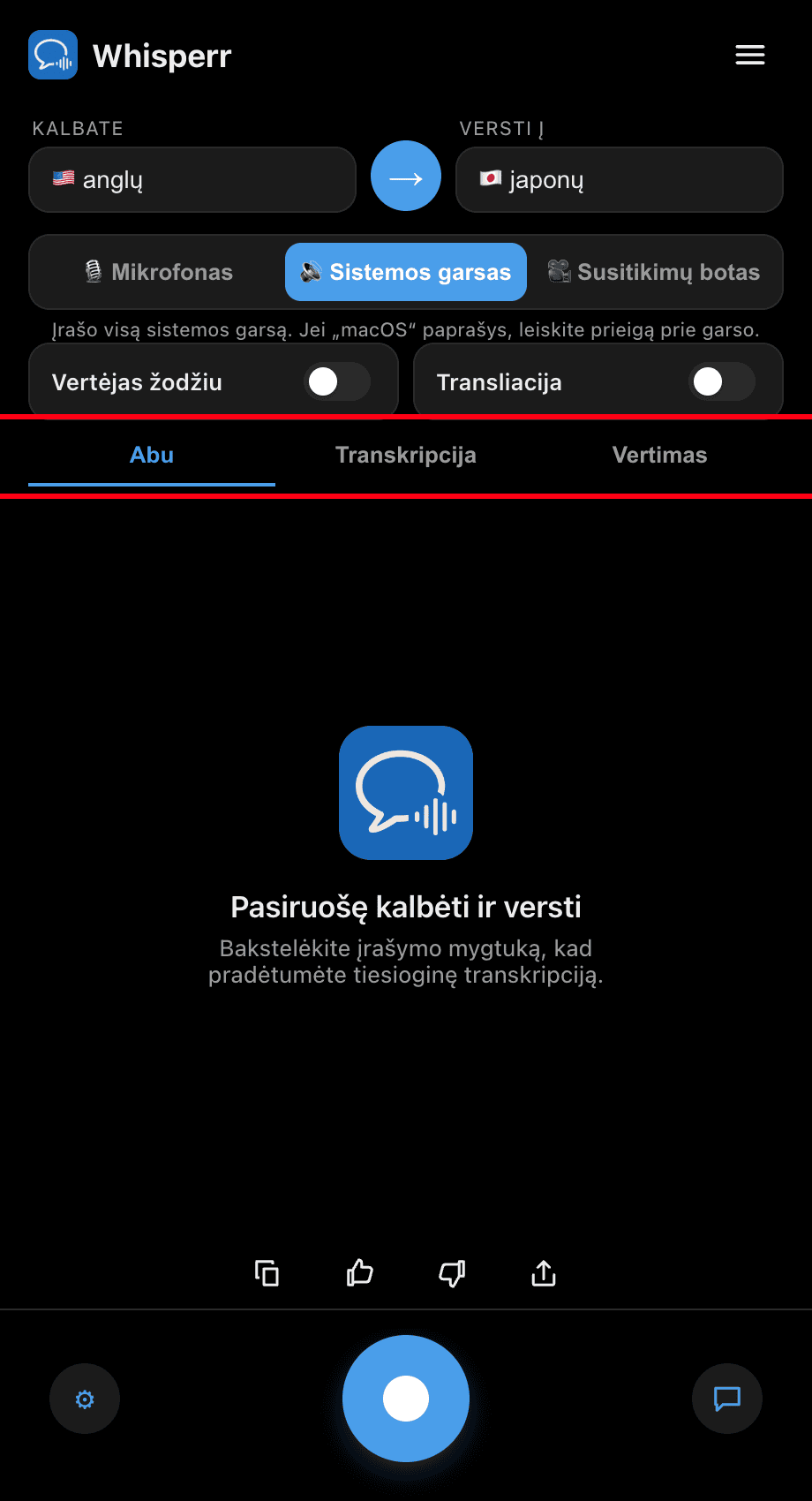 Choosing Both, Transcription, or Translation in the Whisperr desktop app