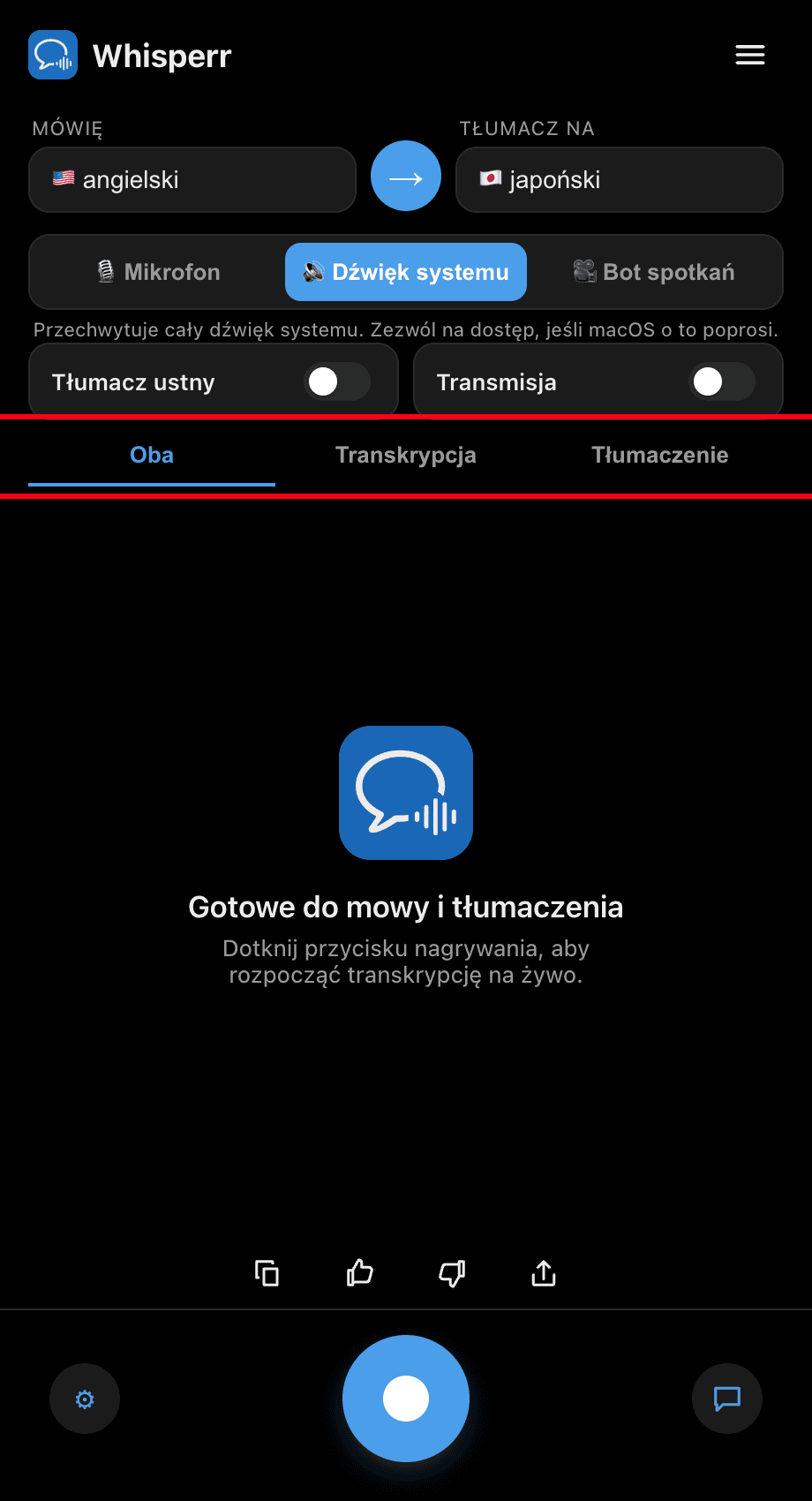 Choosing Both, Transcription, or Translation in the Whisperr desktop app