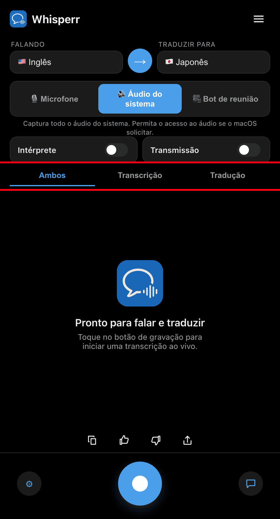 Choosing Both, Transcription, or Translation in the Whisperr desktop app
