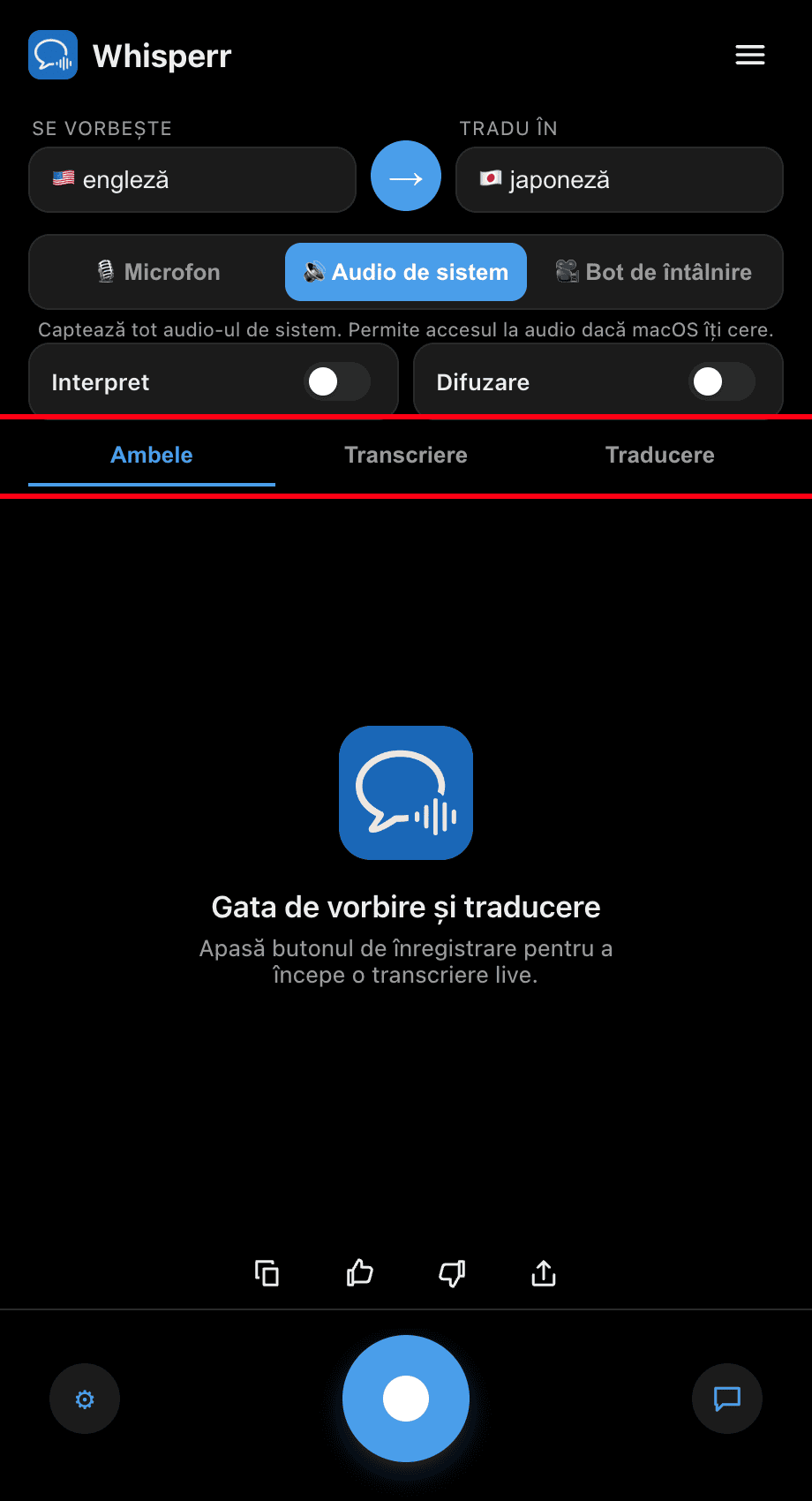 Choosing Both, Transcription, or Translation in the Whisperr desktop app