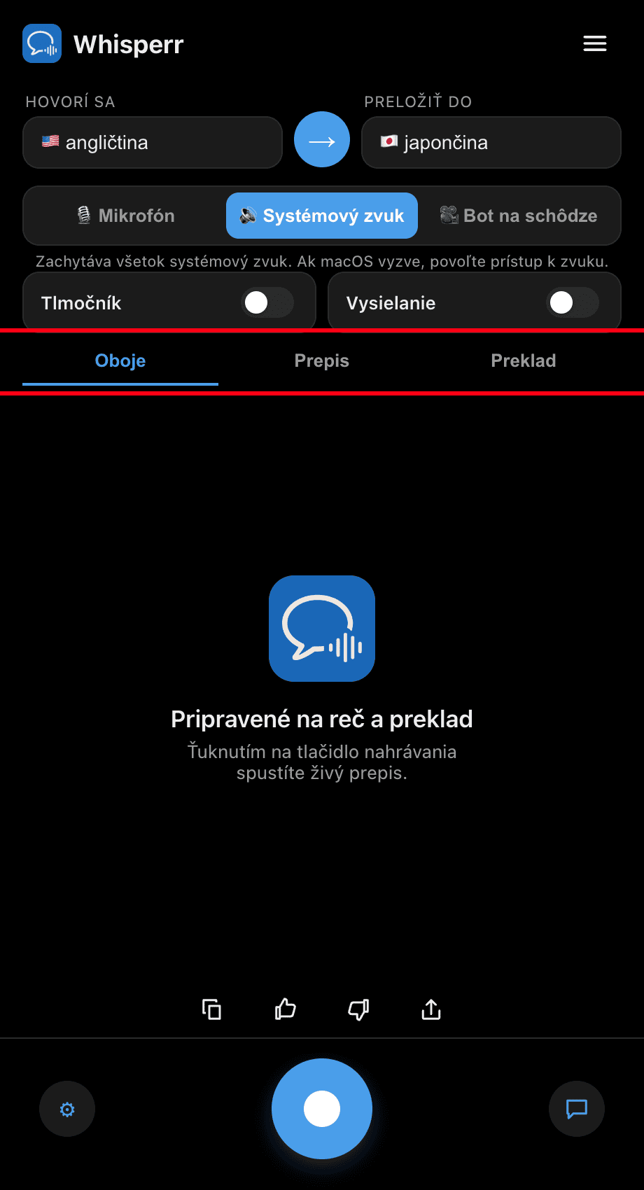 Choosing Both, Transcription, or Translation in the Whisperr desktop app