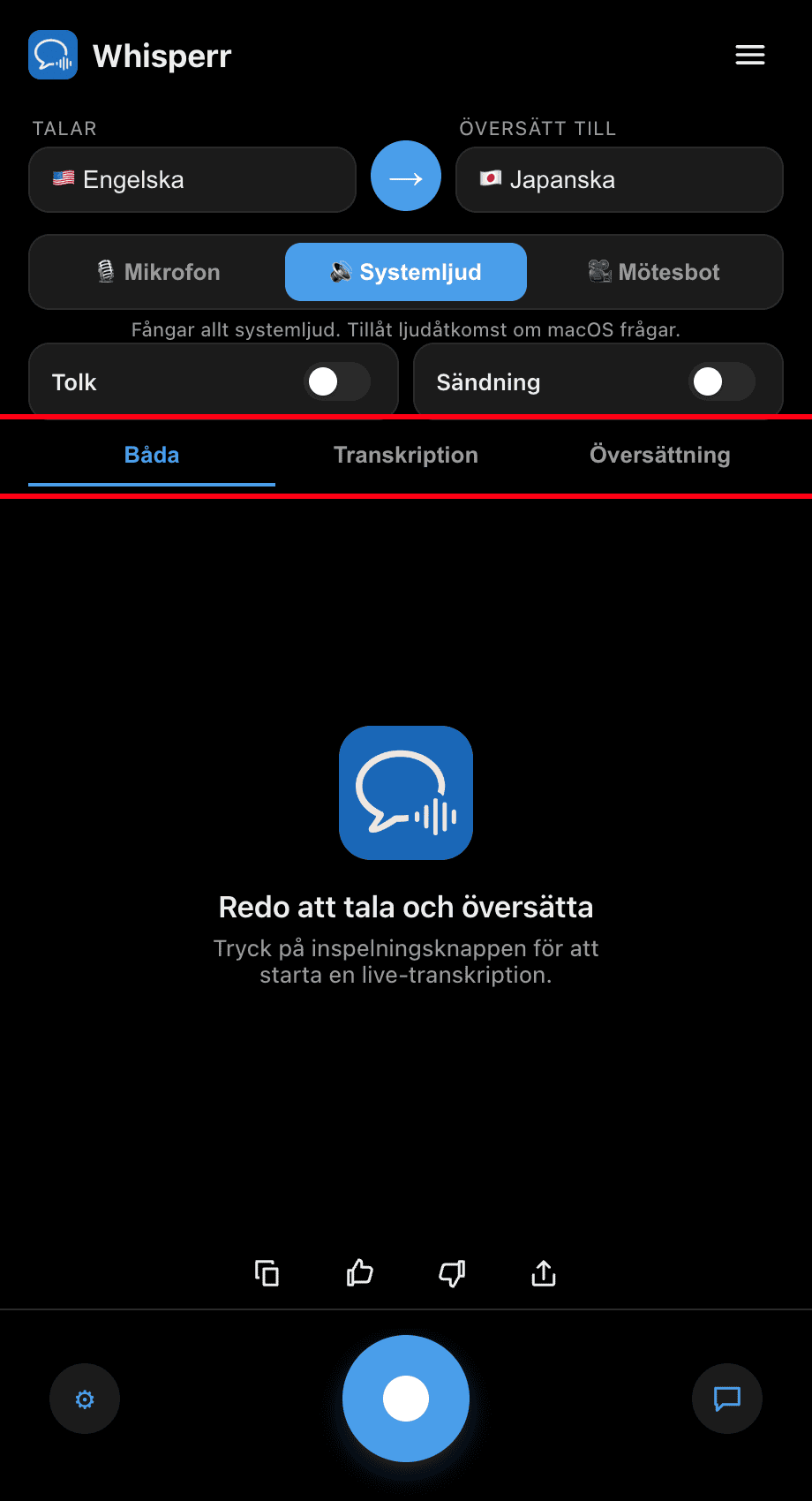 Choosing Both, Transcription, or Translation in the Whisperr desktop app