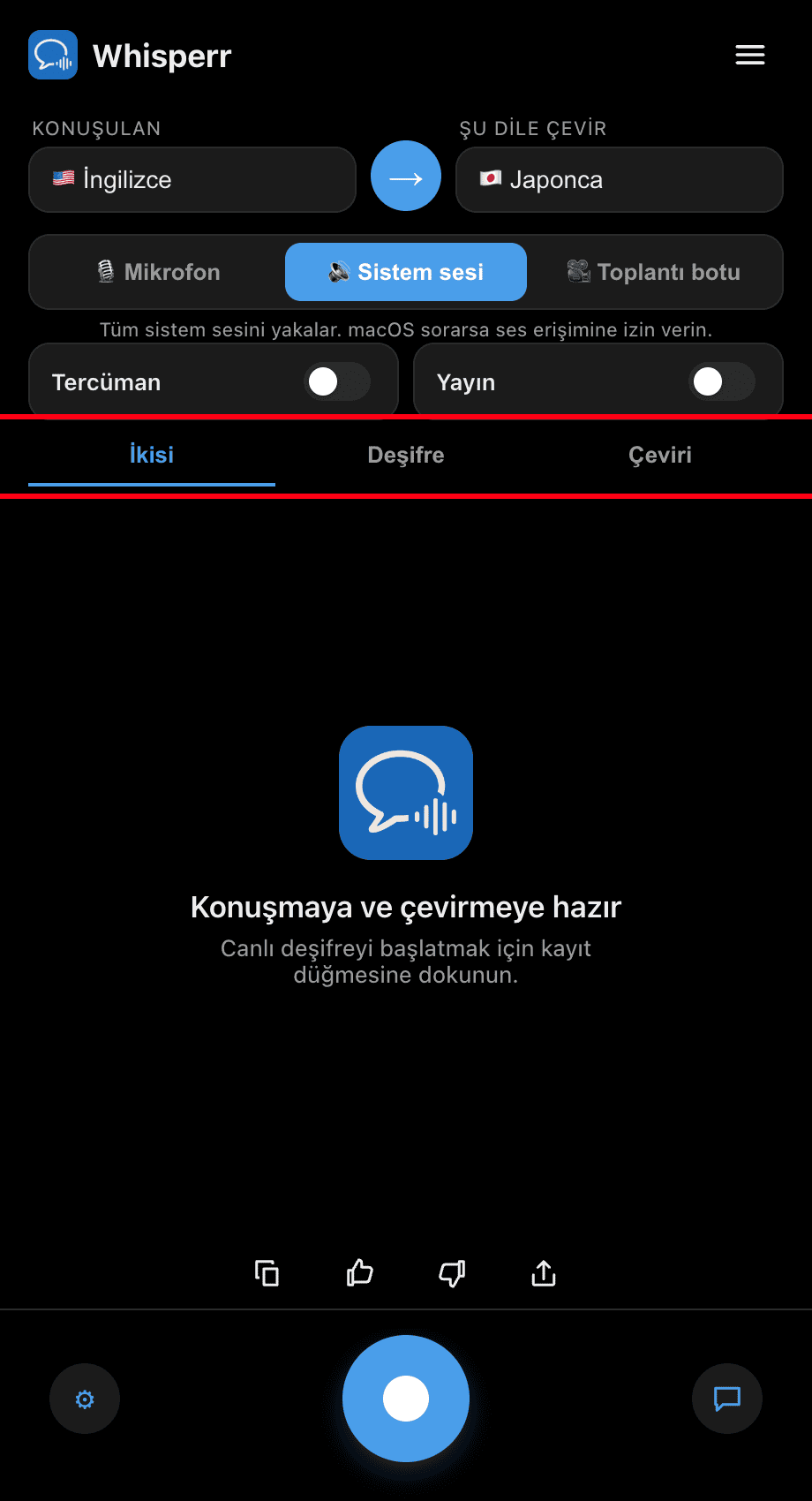 Choosing Both, Transcription, or Translation in the Whisperr desktop app
