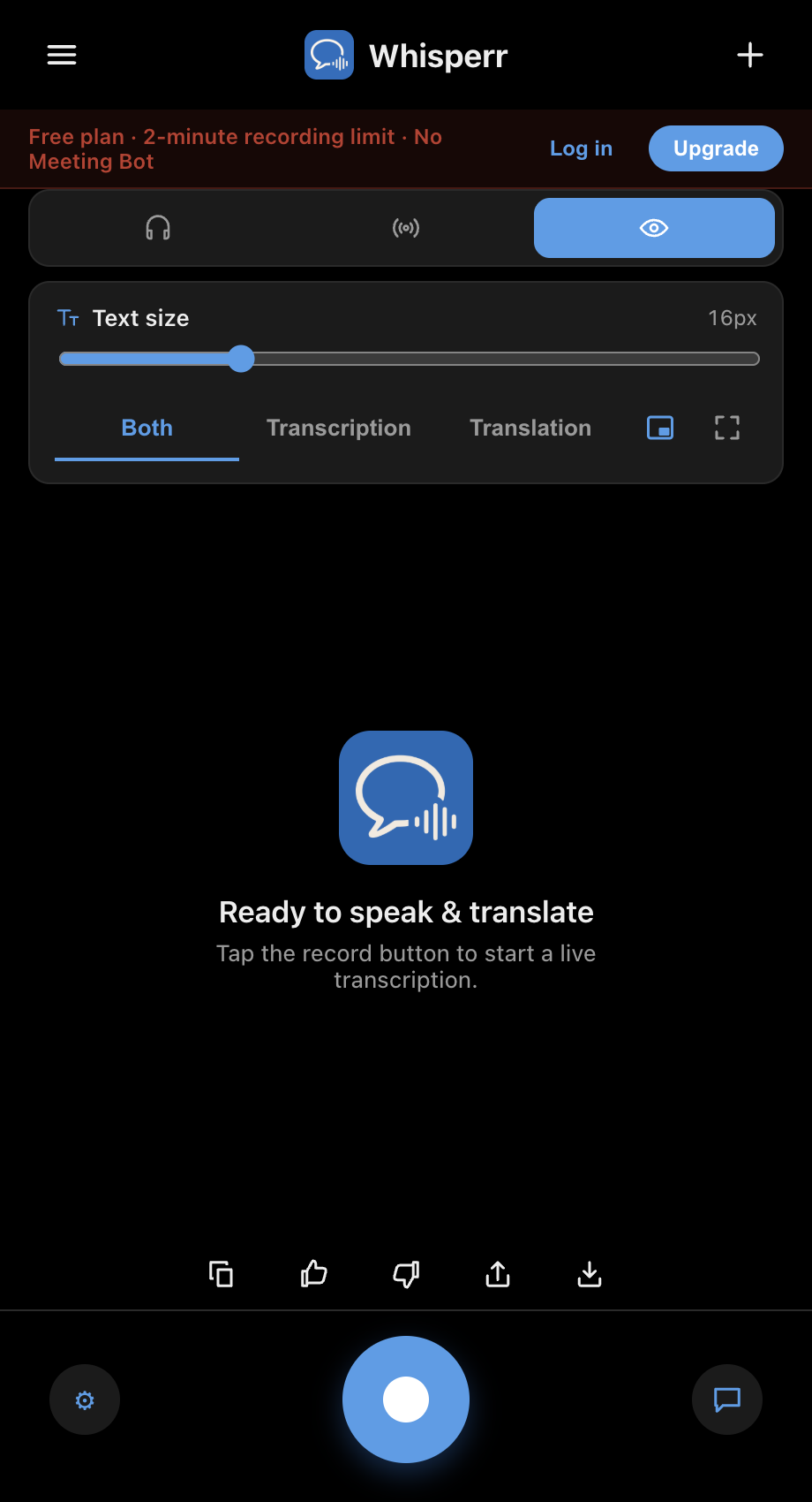 The floating subtitles toggle button in the Whisperr desktop app, turned on