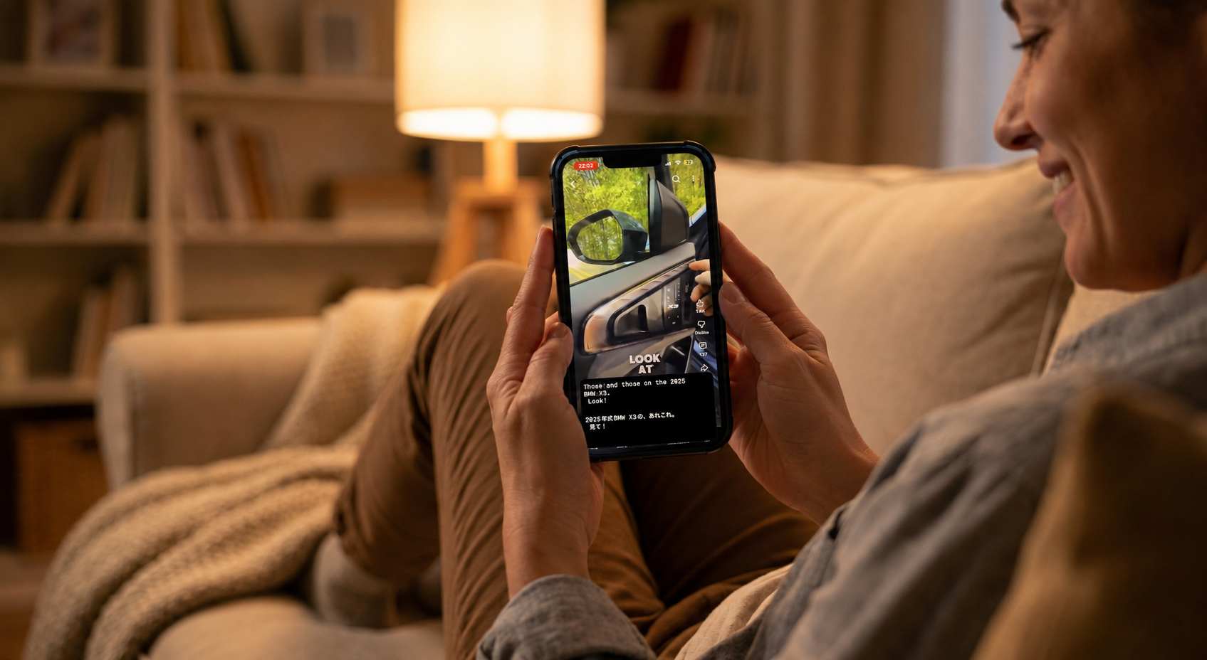 Une personne regardant une vidéo sur son téléphone avec des sous-titres flottants superposés en bas de l'écran