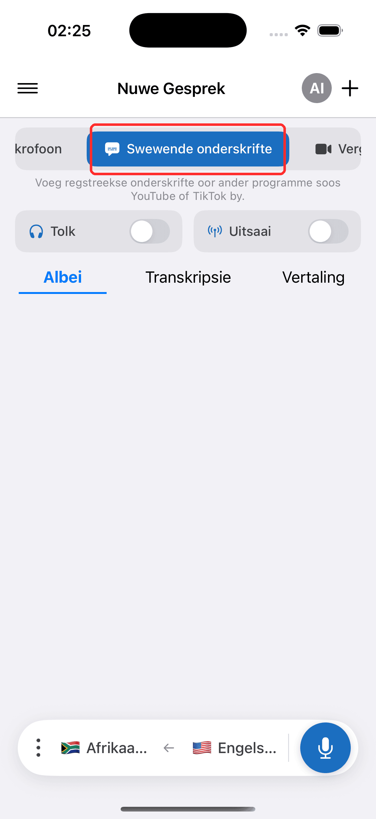 Selecting Floating Subtitles in the top menu on iPhone