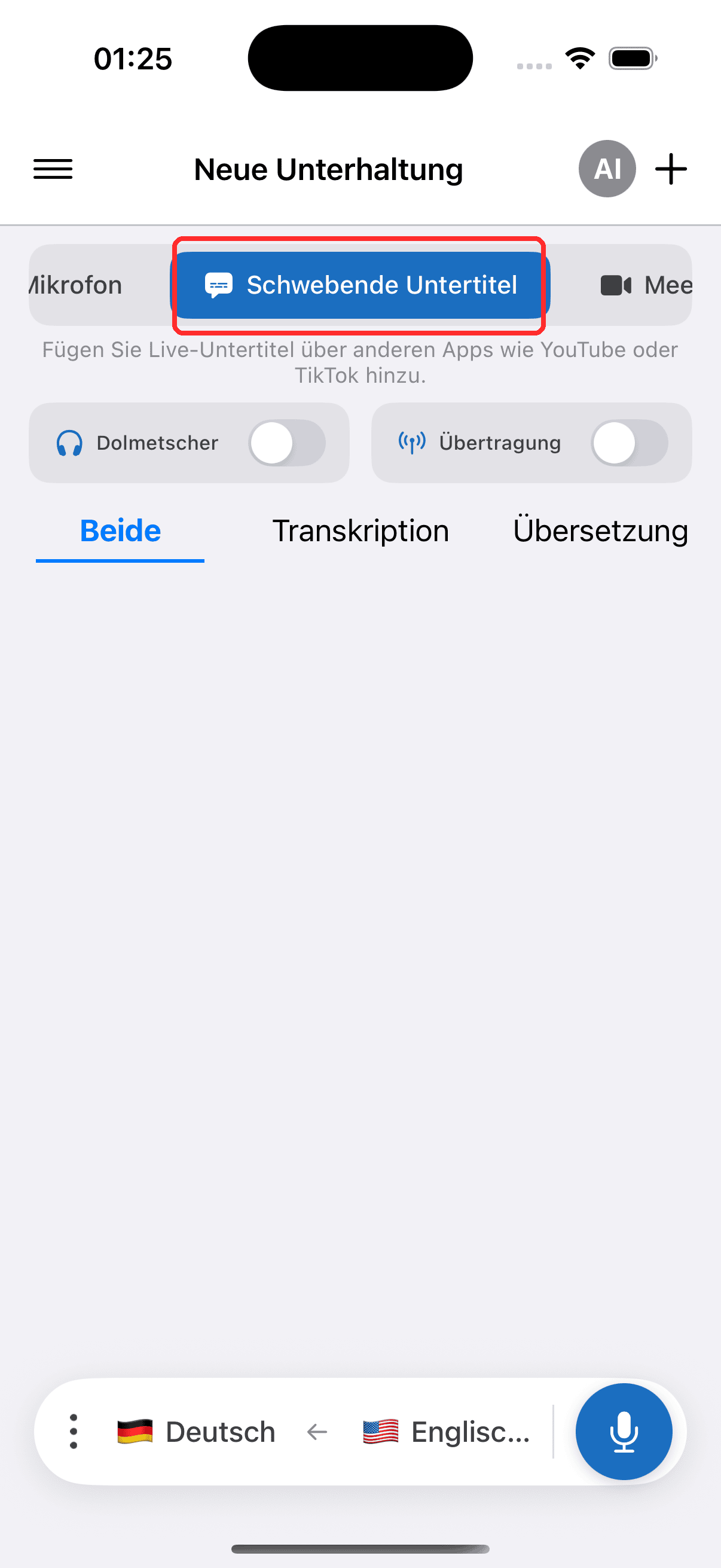 Selecting Floating Subtitles in the top menu on iPhone