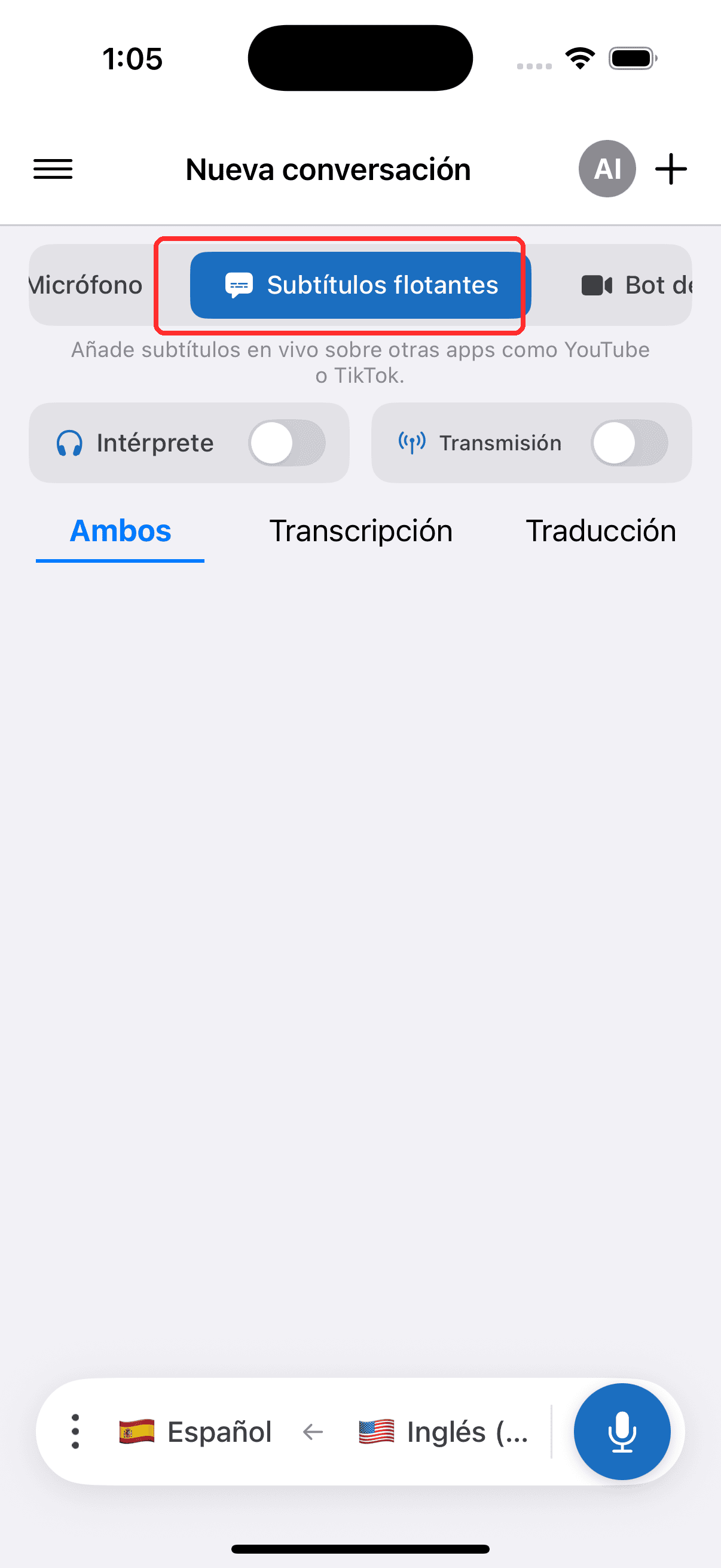 Selecting Floating Subtitles in the top menu on iPhone