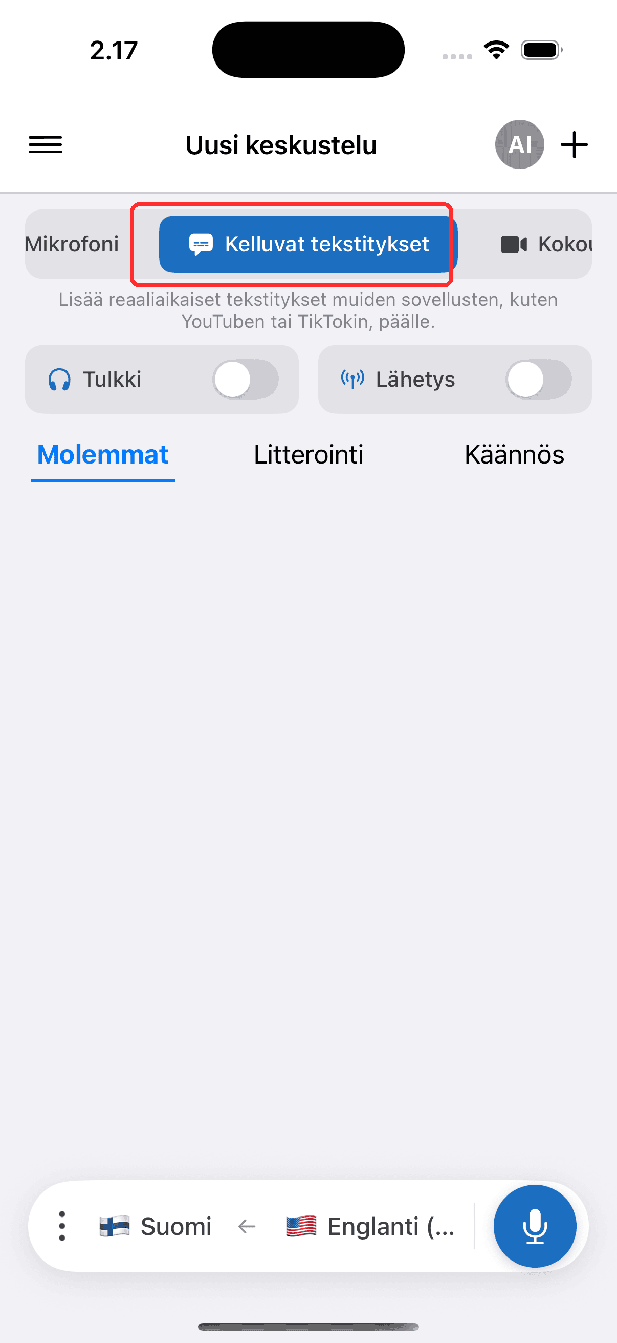 Selecting Floating Subtitles in the top menu on iPhone