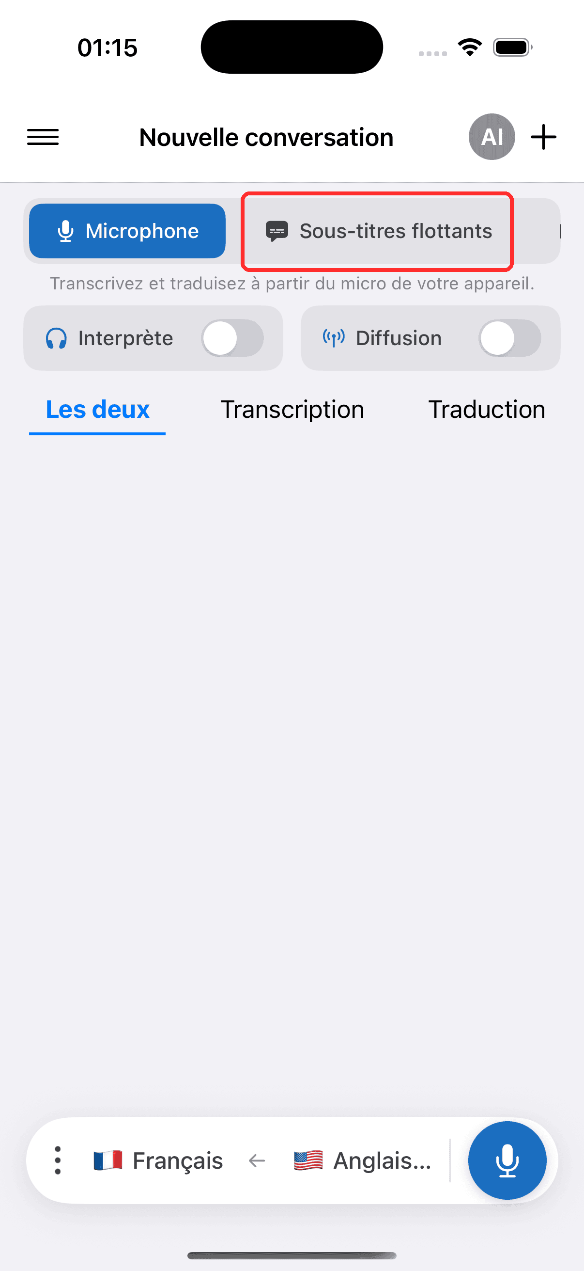 Selecting Floating Subtitles in the top menu on iPhone
