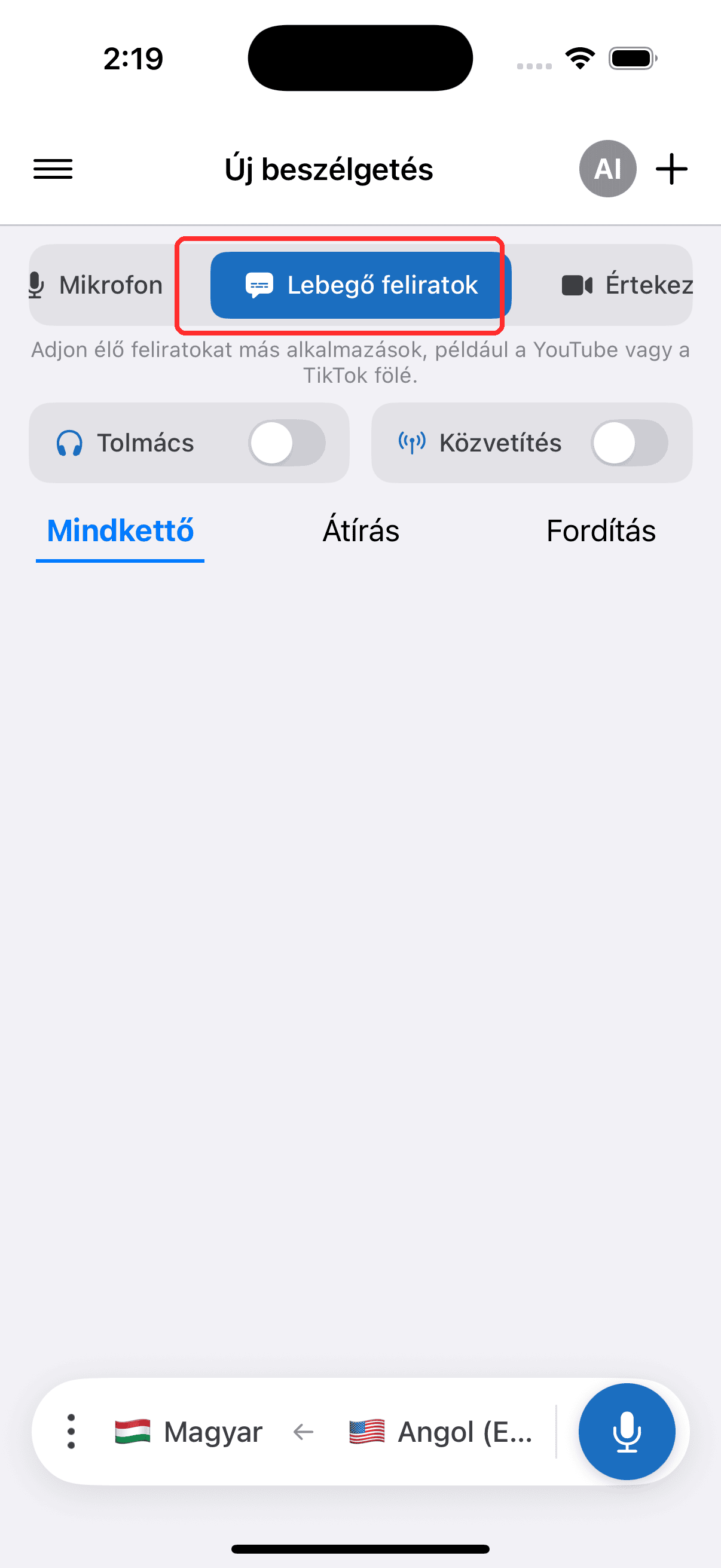Selecting Floating Subtitles in the top menu on iPhone