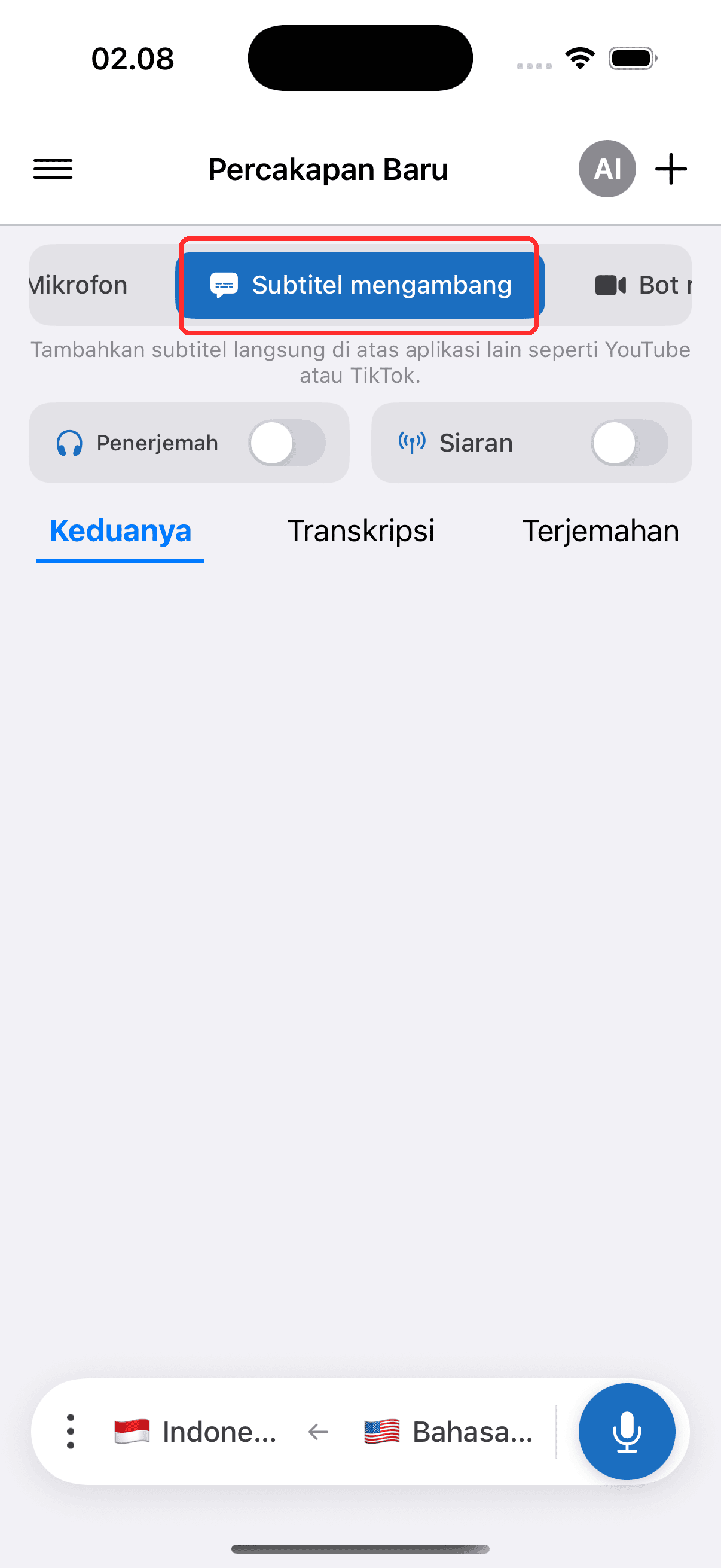 Selecting Floating Subtitles in the top menu on iPhone