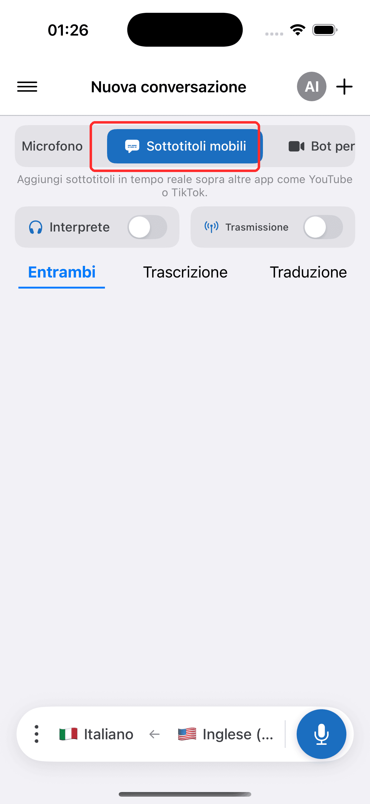 Selecting Floating Subtitles in the top menu on iPhone