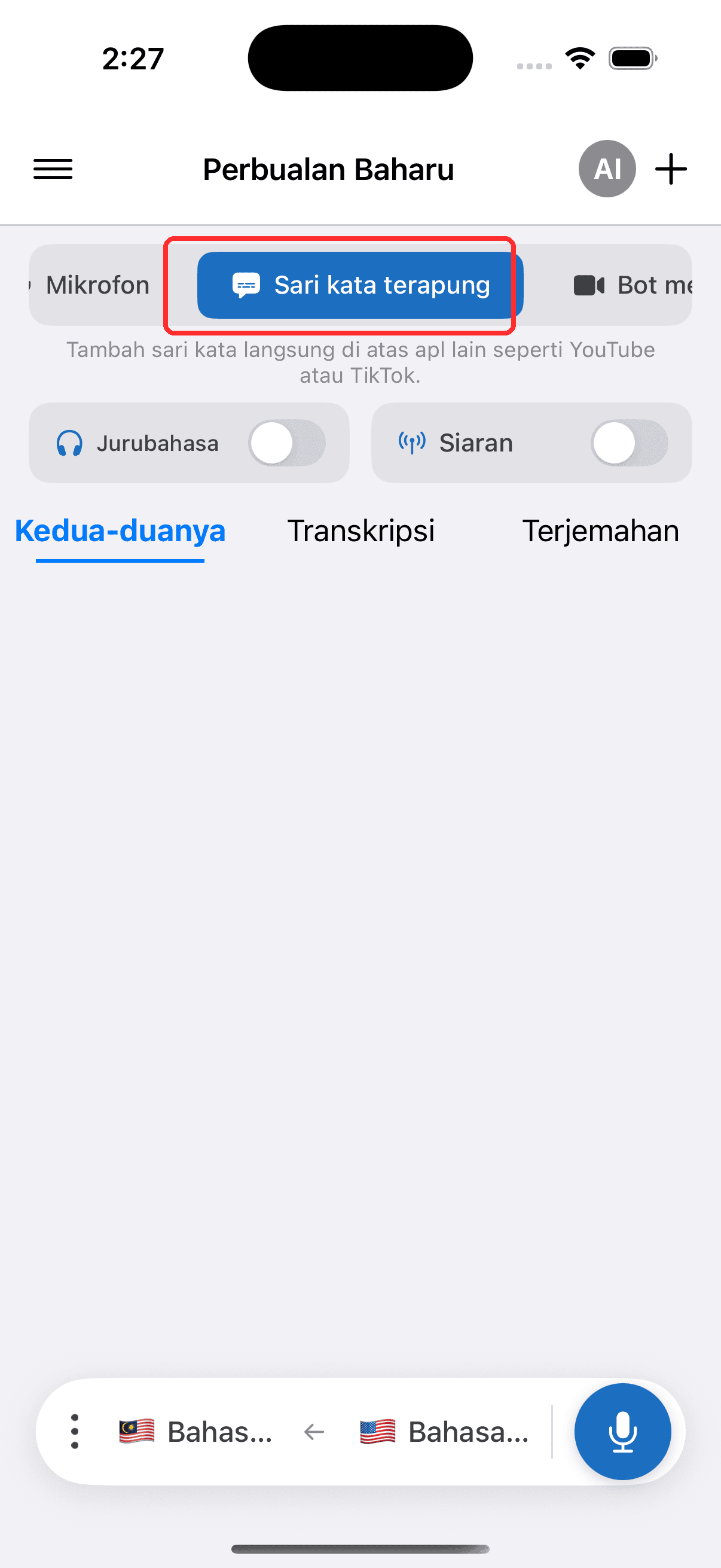 Selecting Floating Subtitles in the top menu on iPhone