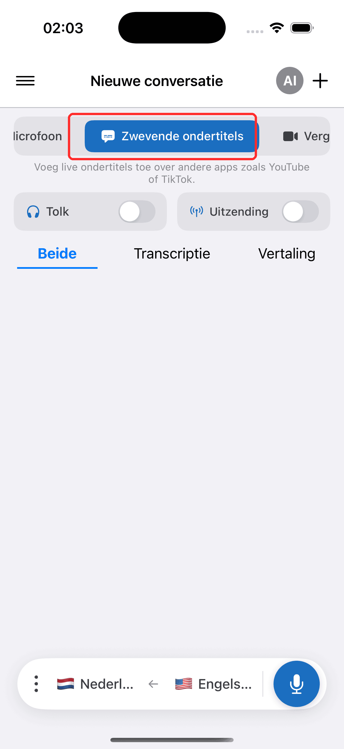 Selecting Floating Subtitles in the top menu on iPhone