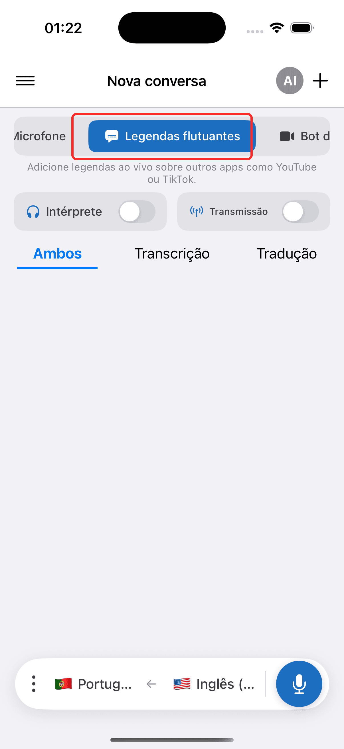 Selecting Floating Subtitles in the top menu on iPhone
