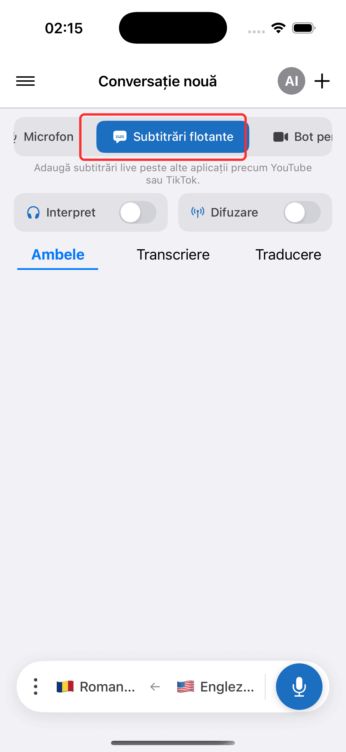 Selecting Floating Subtitles in the top menu on iPhone