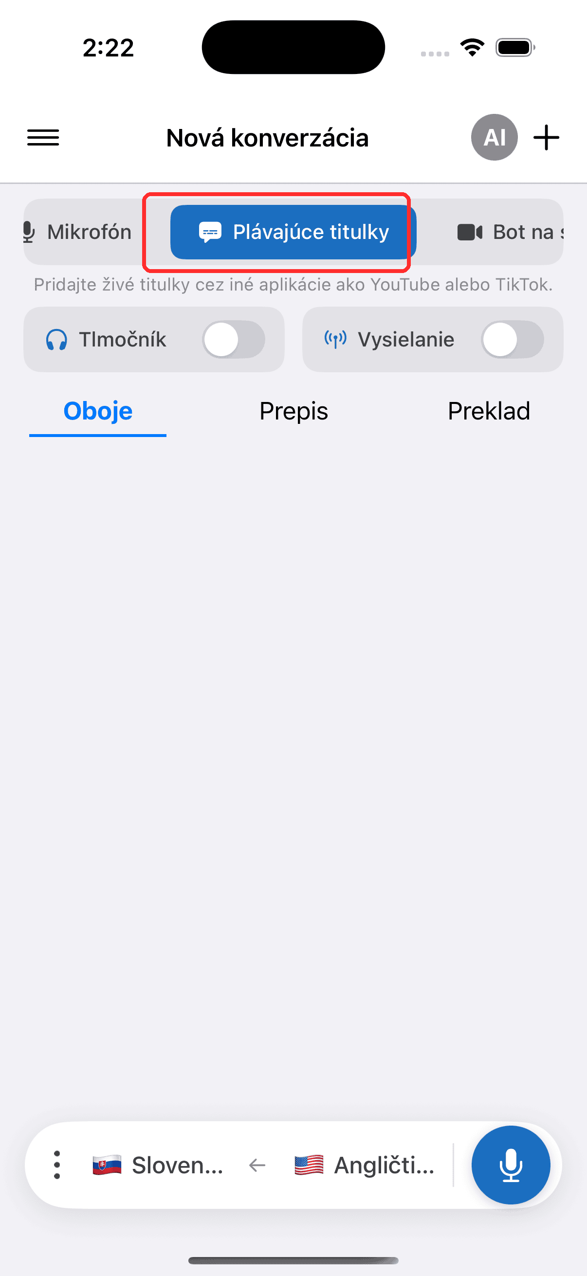 Selecting Floating Subtitles in the top menu on iPhone