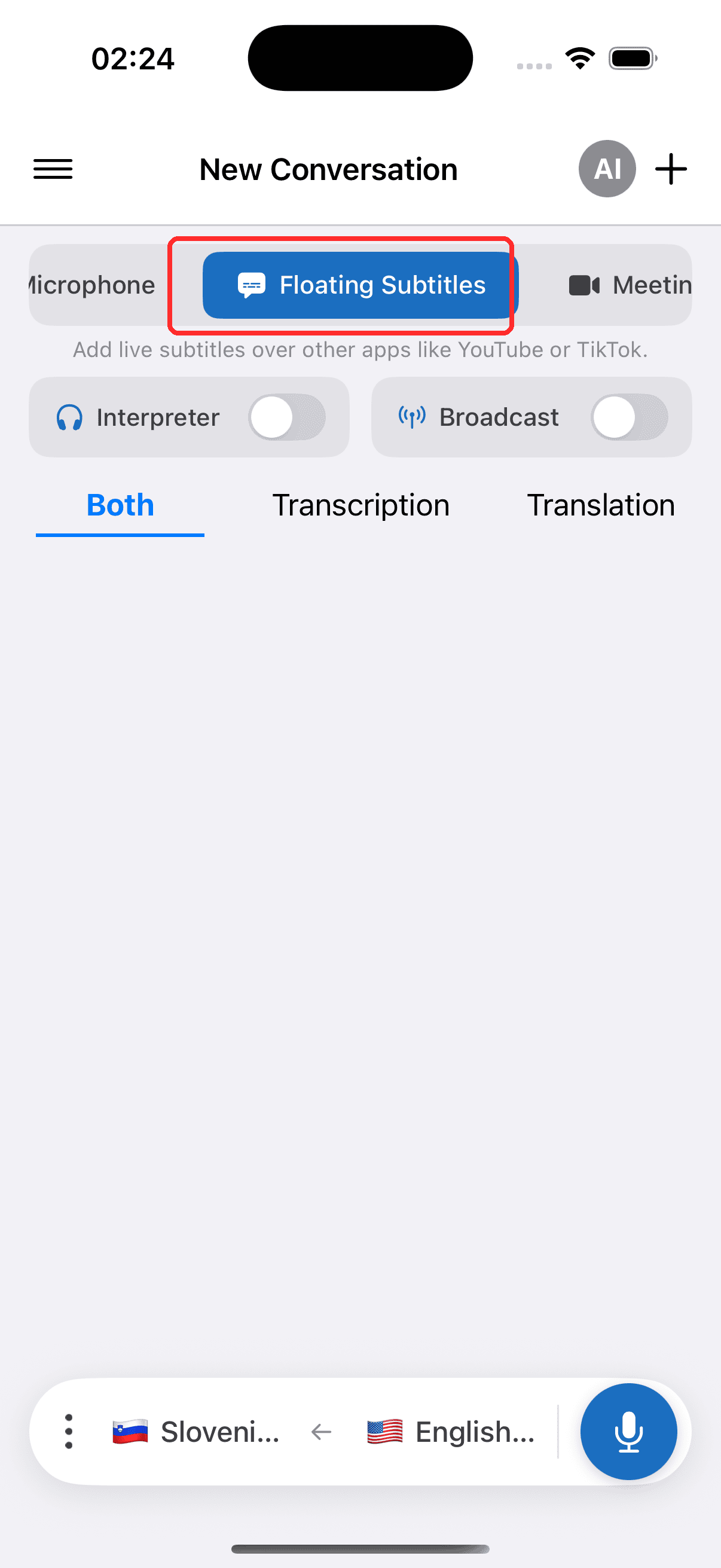 Selecting Floating Subtitles in the top menu on iPhone
