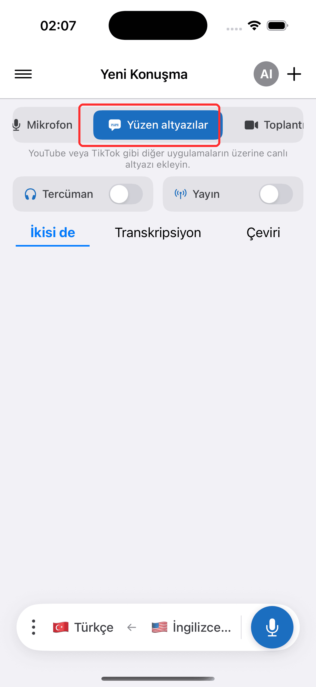 Selecting Floating Subtitles in the top menu on iPhone