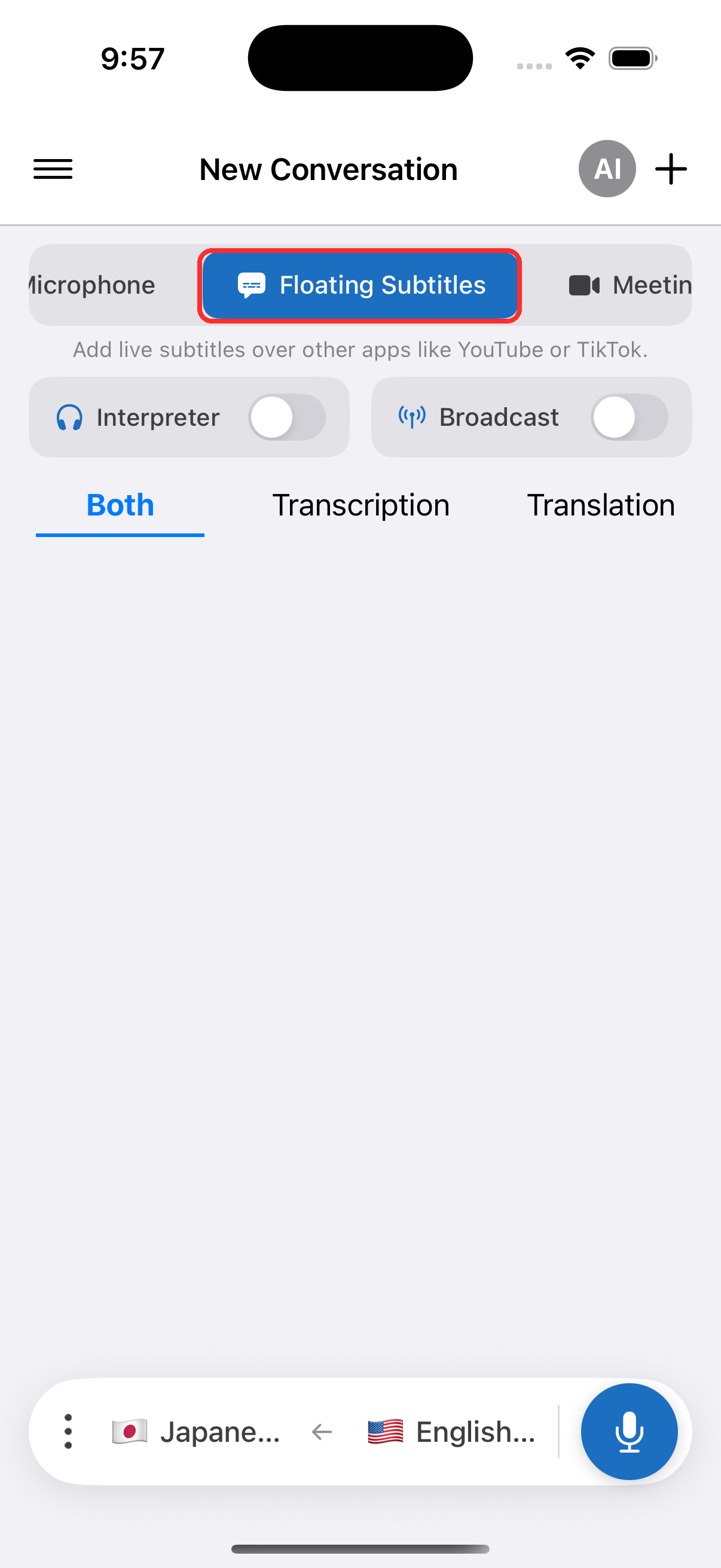 Selecting Floating Subtitles in the top menu on iPhone