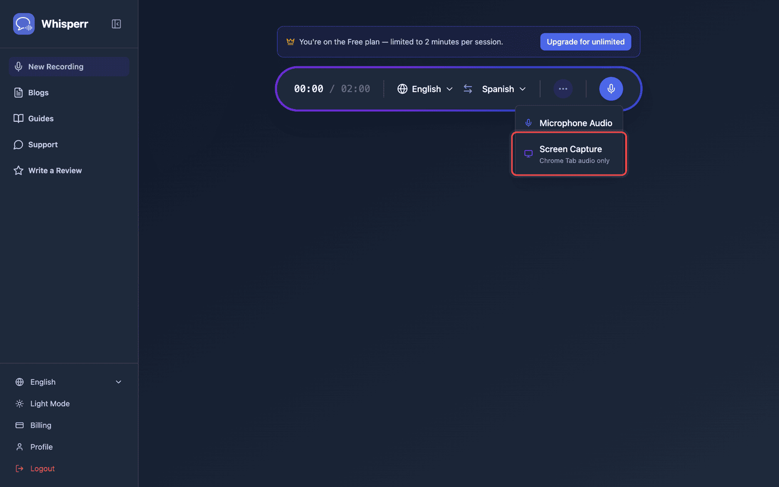 Click the recording button and select Screen Capture